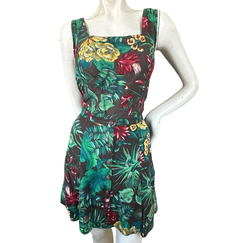 Vintage 90s Tropical Palm Leaf Print Romper Button Down Skirt Front Detail 13/14 - Picture 2 of 13